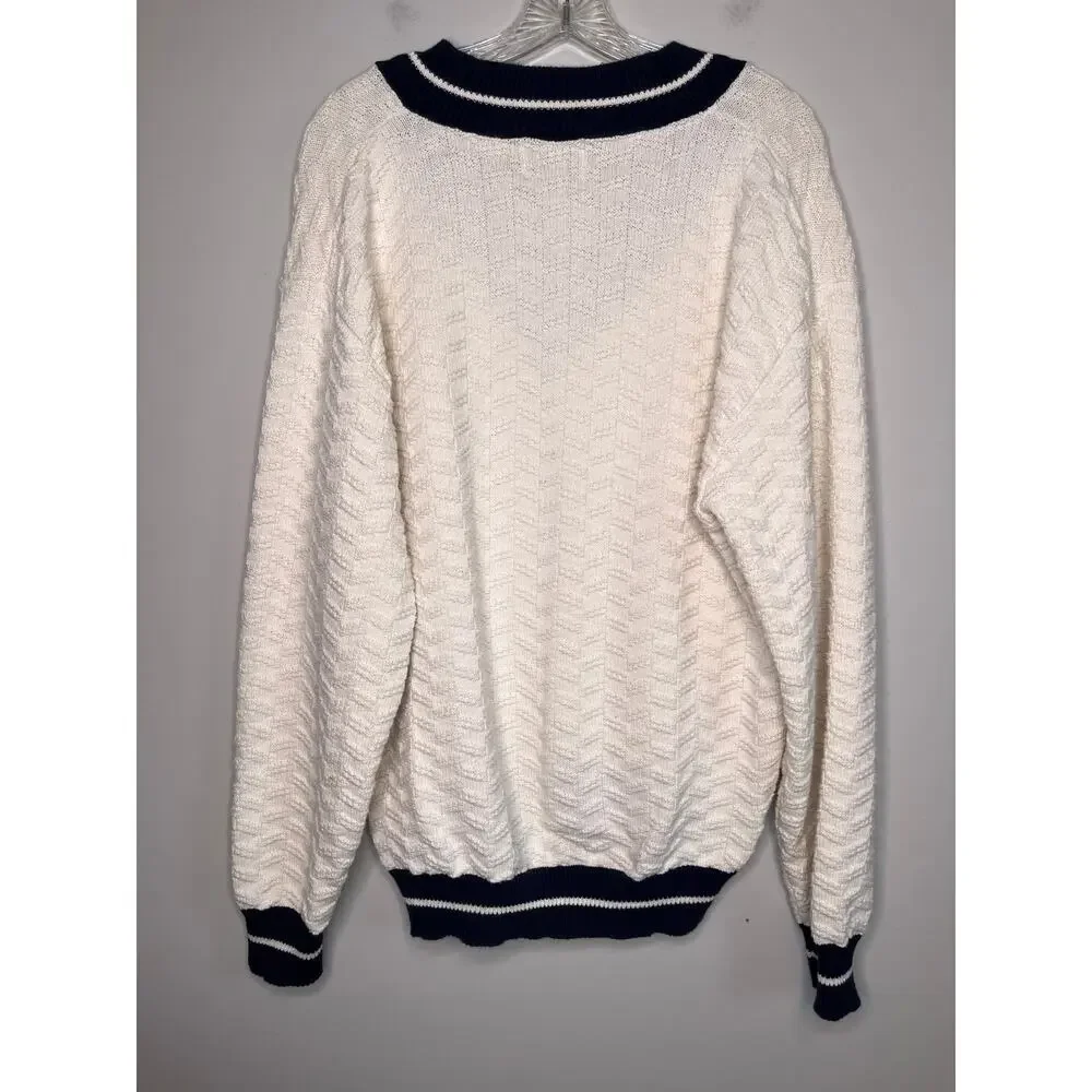 1990s Lee Sport Cream Navy Blue Varsity Tenniscore Prep Country Club Sweater L - Picture 5 of 6